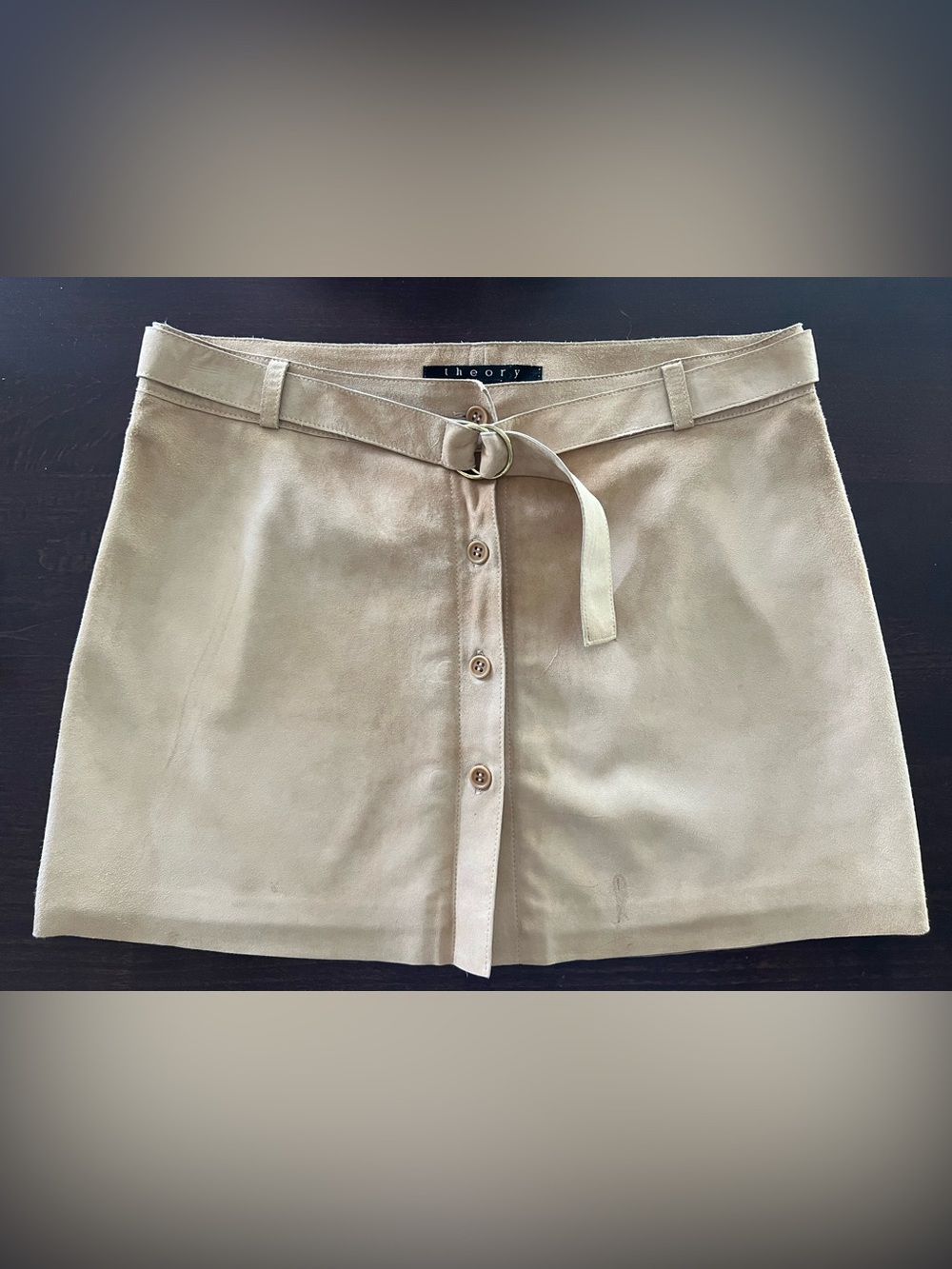 Theory Beige Button-Front Suede Mini Skirt with Belt